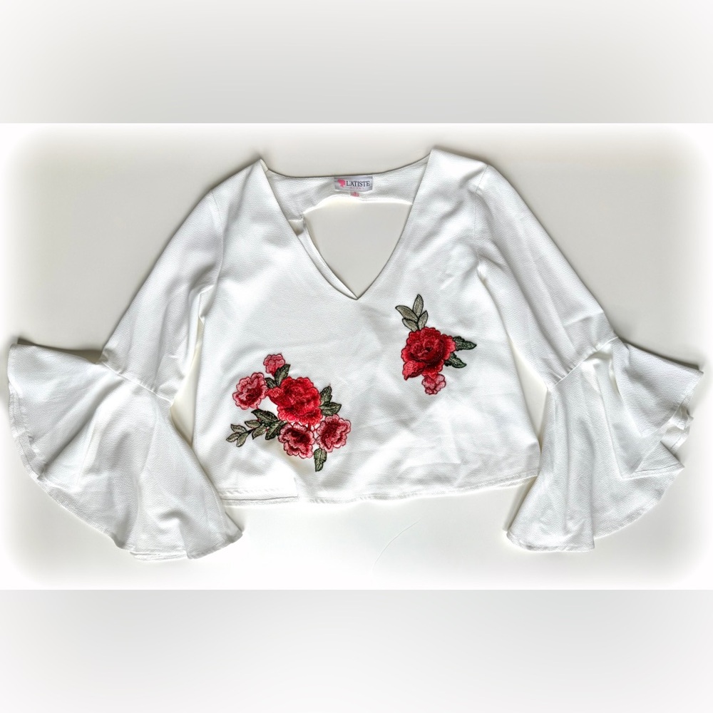 White Blouse with Embroidered Roses - Picture 2 of 3